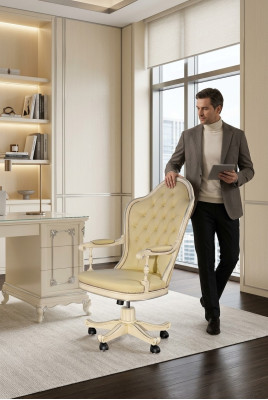 Chaise de bureau Chaise de direction en bois Chesterfield Meubles italiens Blanc pivotant Blanc neuf