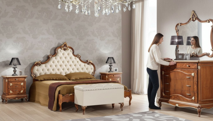 Ensemble complet de chambre à coucher Lit 2x Table de chevet Commode Miroir Fauteuil 6 pcs Italie