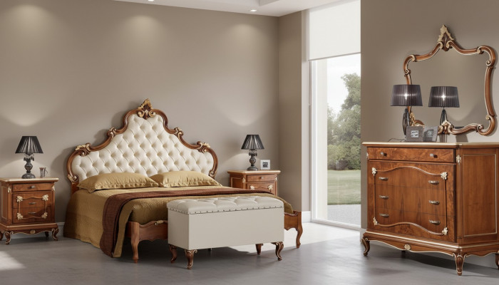 Ensemble complet de chambre à coucher Lit 2x Table de chevet Commode Miroir Fauteuil 6 pcs Italie