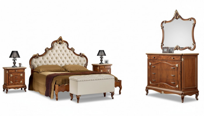 Ensemble complet de chambre à coucher Lit 2x Table de chevet Commode Miroir Fauteuil 6 pcs Italie