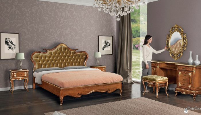 Chambre lit Table de chevet Coiffeuse Tabouret Lit rembourré Lit double Ensemble 5 pièces