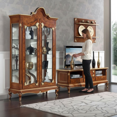 Séjour italien Unité murale de salle de séjour Armoire à téléviseur Buffet de téléviseur Armoire Vitrine Étagère murale En trois pièces