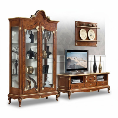 Séjour italien Unité murale de salle de séjour Armoire à téléviseur Buffet de téléviseur Armoire Vitrine Étagère murale En trois pièces