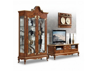 Séjour italien Unité murale de salle de séjour Armoire à téléviseur Buffet de téléviseur Armoire Vitrine Étagère murale En trois pièces