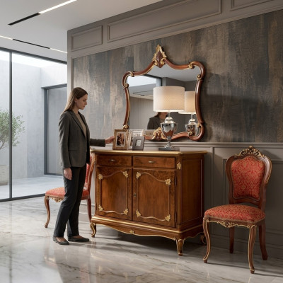 Buffet Commode Miroir Commode Tiroirs Bois Art Déco Design de Luxe Ensemble 2 pièces