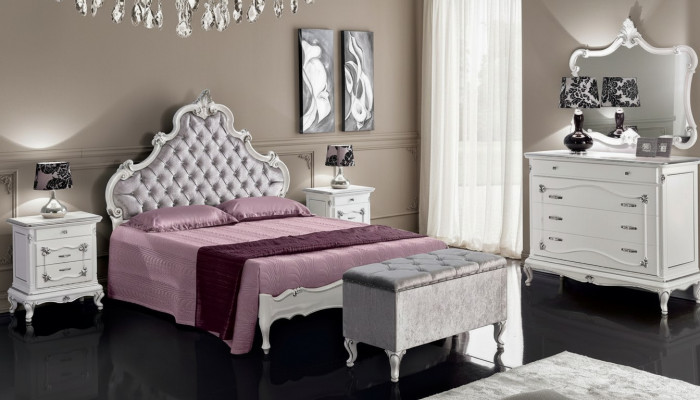 Mobilier classique Ensemble de chambre à coucher 6 pièces Lit 2x Tables de chevet Tabouret Commode Miroir