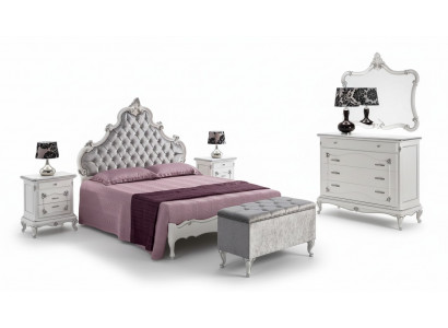 Mobilier classique Ensemble de chambre à coucher 6 pièces Lit 2x Tables de chevet Tabouret Commode Miroir