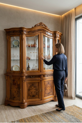 xxl met en valeur la garde-robe en verre, la vitrine en bois véritable, le buffet, les meubles italiens et les armoires.