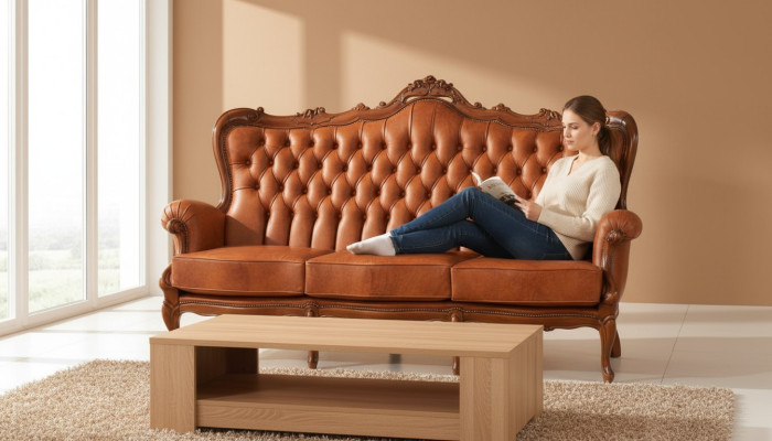 Canapé 3 places de luxe en cuir brun de style Art déco.