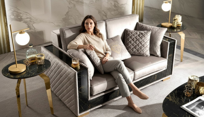 Canapé 2 places Design moderne Tissu d'ameublement Canapés Siège Mobilier Paysage vivant Gris