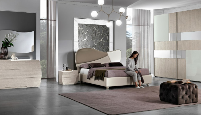 Ensemble de chambre à coucher de 6 pièces : Lit Table de chevet Commode Miroir Armoire Suite