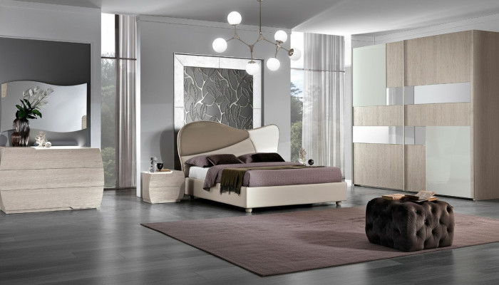 Ensemble de chambre à coucher de 6 pièces : Lit Table de chevet Commode Miroir Armoire Suite