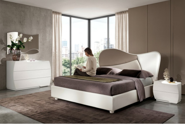 Chambre Lit Table de chevet Commode Miroir Suite Blanche Moderne Luxueuse Ensemble 5 pièces