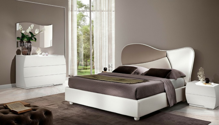 Chambre Lit Table de chevet Commode Miroir Suite Blanche Moderne Luxueuse Ensemble 5 pièces