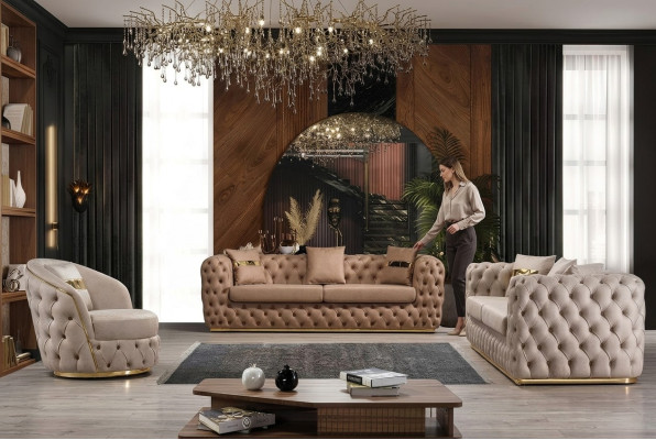Canapé Chesterfield 3+3+1+1 places Canapé fauteuil Beige en cuir
