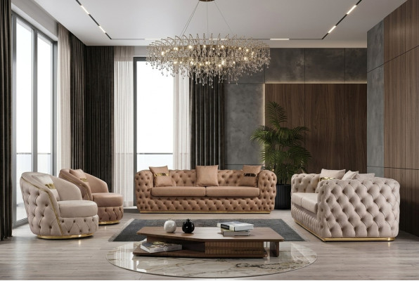 Canapé Chesterfield 3+3+1+1 places Canapé fauteuil Beige en cuir