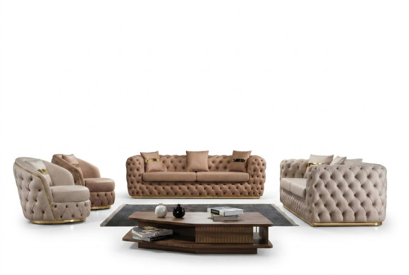 Canapé Chesterfield 3+3+1+1 places Canapé fauteuil Beige en cuir
