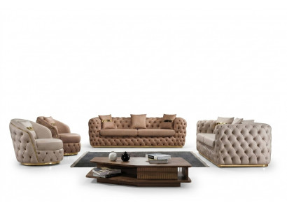 Canapé Chesterfield 3+3+1+1 places Canapé fauteuil Beige en cuir
