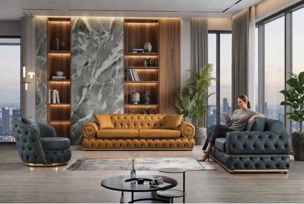 Ensemble de canapé Luxe Chesterfield 3+3+1 Fauteuil Canapés en cuir