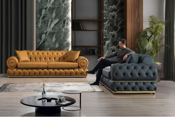 Ensemble de canapés Chesterfield de luxe Suite 3+3 places Fauteuil en cuir 2 pièces
