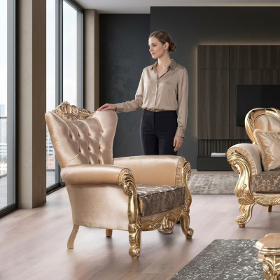 Fauteuil Siège Place Design Salle de séjour Rembourrage nouveau Style Baroque Rococo Luxe Beige