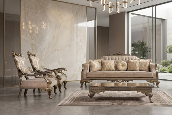 Un fauteuil baroque luxueux, classique, beige et or Chesterfield