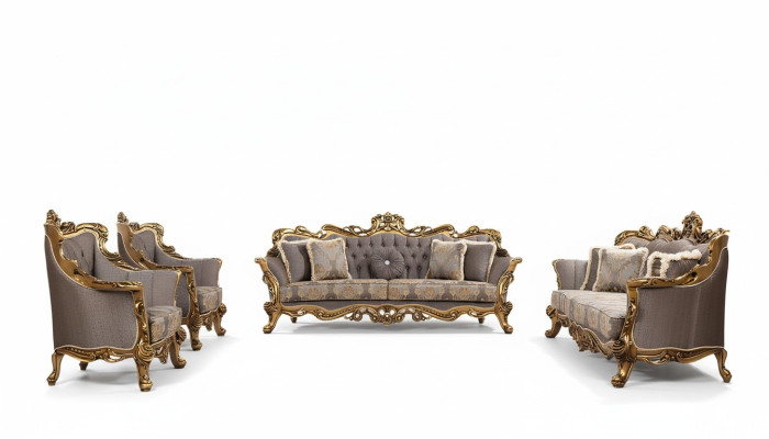 Ensemble de luxe complet de 5 pièces comprenant un canapé 3 places, un canapé 3 places, un canapé 1 place, une table basse, un canapé et un fauteuil.