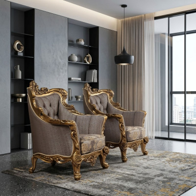 Un fauteuil à oreilles classique luxueux en gris foncé avec un design baroque doré de style Chesterfield