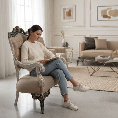 Fauteuil à oreilles Conception de fauteuil Rembourrage Canapé Tissu Baroque Salon Siège en tissu