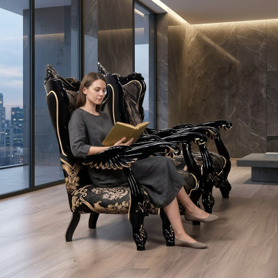 Fauteuil à ailes Chaise de luxe siège en tissu à deux places Design Tapisserie Baroque Meubles textiles