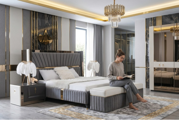 Lit de luxe 180x200cm avec tête de lit en bois et 2 tables de chevet. Nouveau meuble italien.