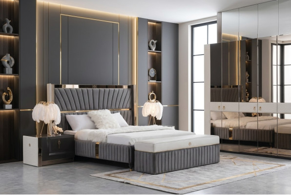 Lit de luxe 180x200cm avec tête de lit en bois et 2 tables de chevet. Nouveau meuble italien.