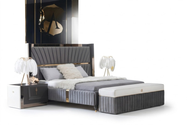 Lit de luxe 180x200cm avec tête de lit en bois et 2 tables de chevet. Nouveau meuble italien.