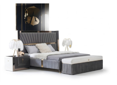 Lit de luxe 180x200cm avec tête de lit en bois et 2 tables de chevet. Nouveau meuble italien.