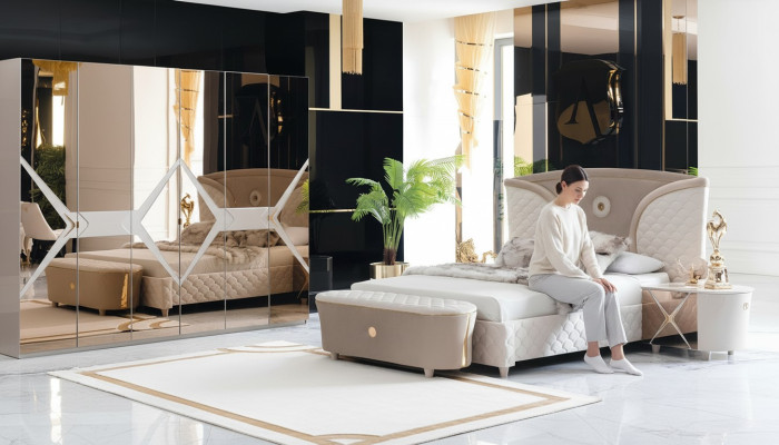 Lit Table de chevet Armoire Ensemble de chambre à coucher 6 pièces Design Luxe Tabouret Moderne