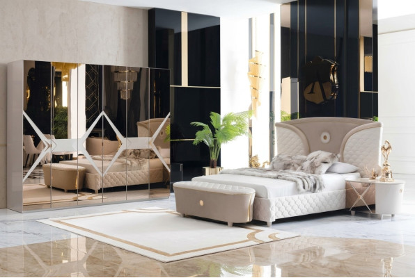 Lit Table de chevet Armoire Ensemble de chambre à coucher 6 pièces Design Luxe Tabouret Moderne