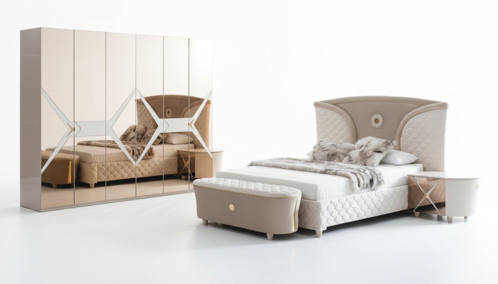 Lit Table de chevet Armoire Ensemble de chambre à coucher 6 pièces Design Luxe Tabouret Moderne