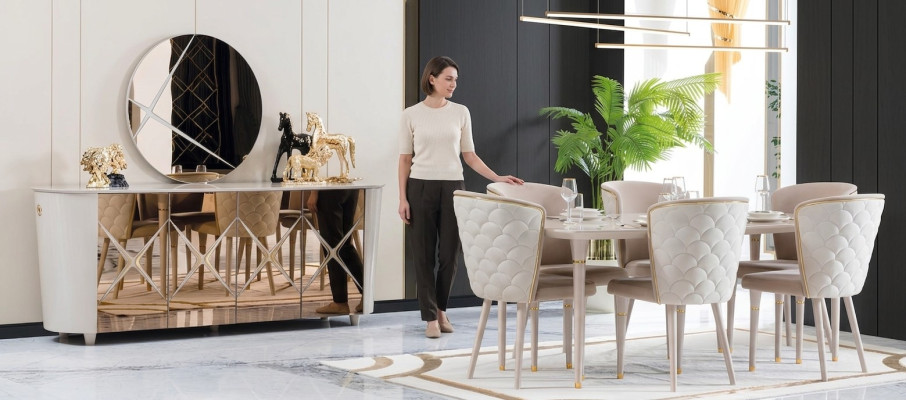 Salle à manger Ensemble Groupe Suite Table nouvelle Table à manger 6x Chaises Commode Miroir 9pcs
