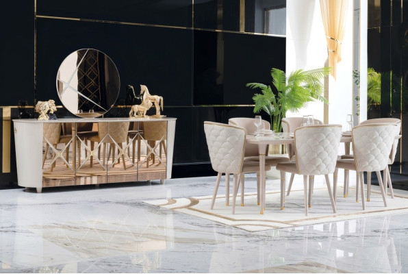 Salle à manger Ensemble Groupe Suite Table nouvelle Table à manger 6x Chaises Commode Miroir 9pcs