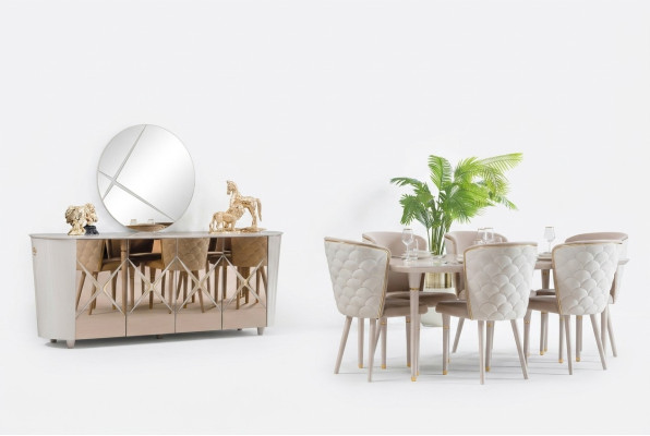 Salle à manger Ensemble Groupe Suite Table nouvelle Table à manger 6x Chaises Commode Miroir 9pcs
