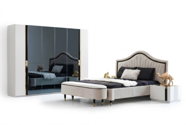 Textile Bed Bedroom Furniture Design Group 5pcs. Set 2x Bedside tables Beds new Lit en textile Chambre à coucher Mobilier Design Groupe 5 pièces Set 2x Tables de chevet Lits nouveaux