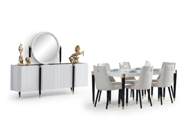 Table à manger 6 chaises Commode Miroir Ensemble complet de salle à manger 9 pièces nouvel ensemble