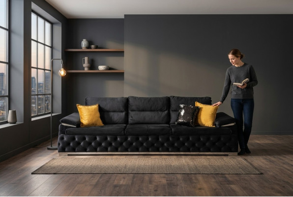 Canapé Three Seater Design Sofa Canapés Modernes 4 Places Meubles de la Salle Noir Tapisserie