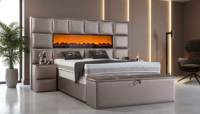 Élégant lit double contemporain avec une tête de lit rembourrée spacieuse