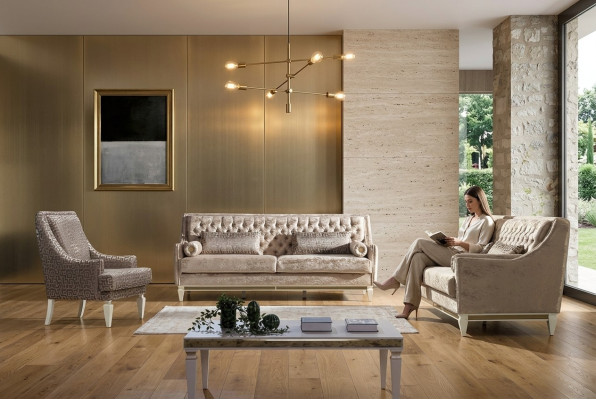 Ensemble de canapés Chesterfield beige 4+3 places Ensemble de fauteuils élégant