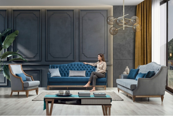 Moderne Canapé Chesterfield Bleu ensemble de canapé Designer Trois places Fauteuils de luxe