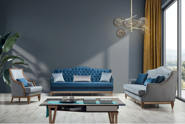 Moderne Canapé Chesterfield Bleu ensemble de canapé Designer Trois places Fauteuils de luxe