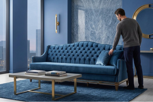 Canapé de relaxation trois places Chesterfield bleu pour le salon, trois places