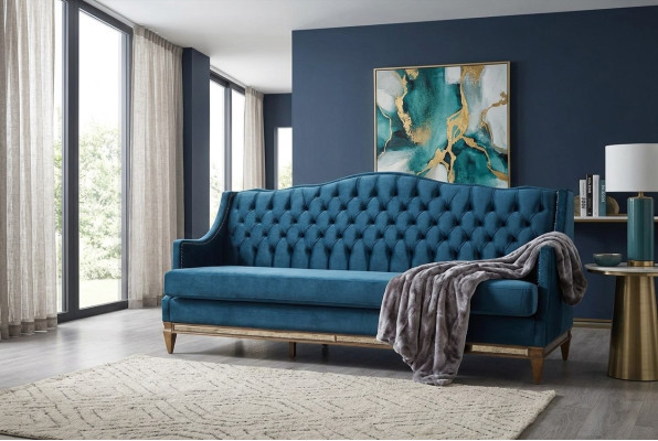 Canapé de relaxation trois places Chesterfield bleu pour le salon, trois places