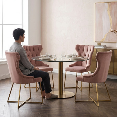 Ensemble de 4 chaises de salle à manger designer Chesterfield en bois massif.